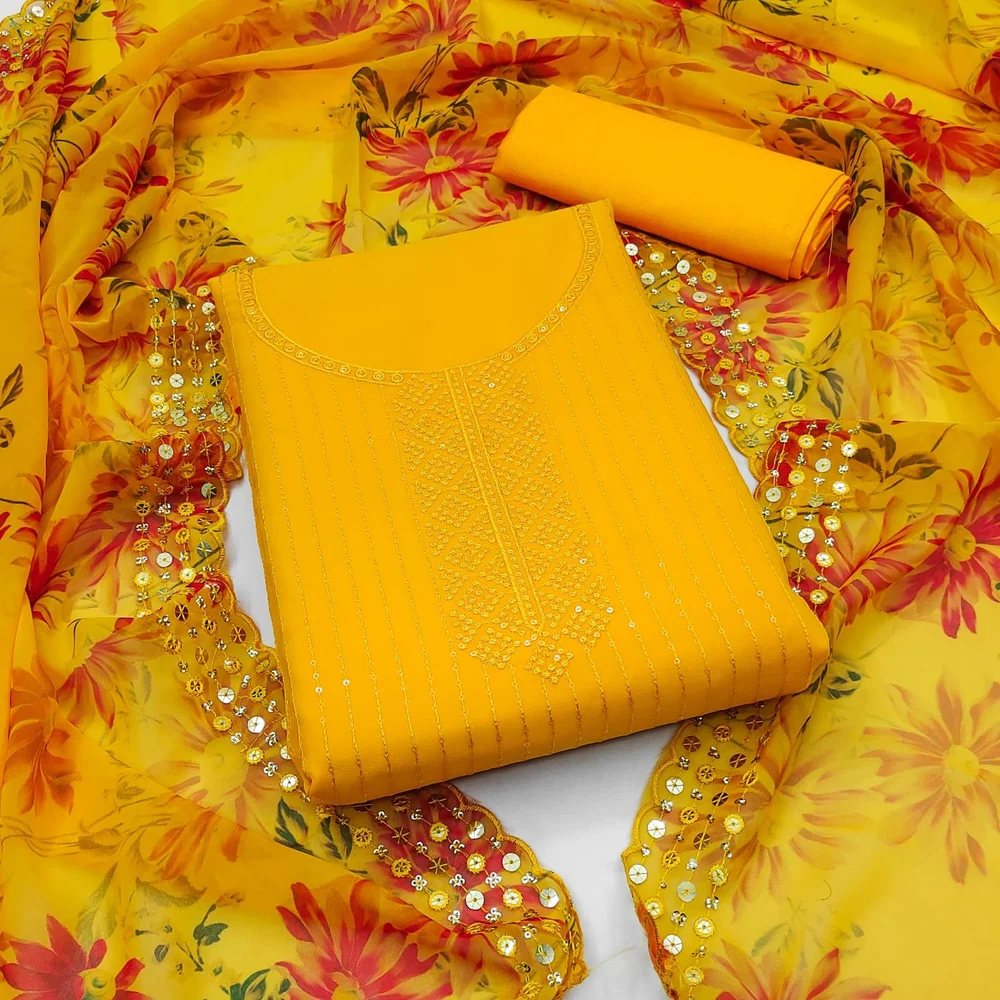 Women’s Mustard Yellow Embroidered Kurta Set with Floral Printed Dupatta & Matching Bottom